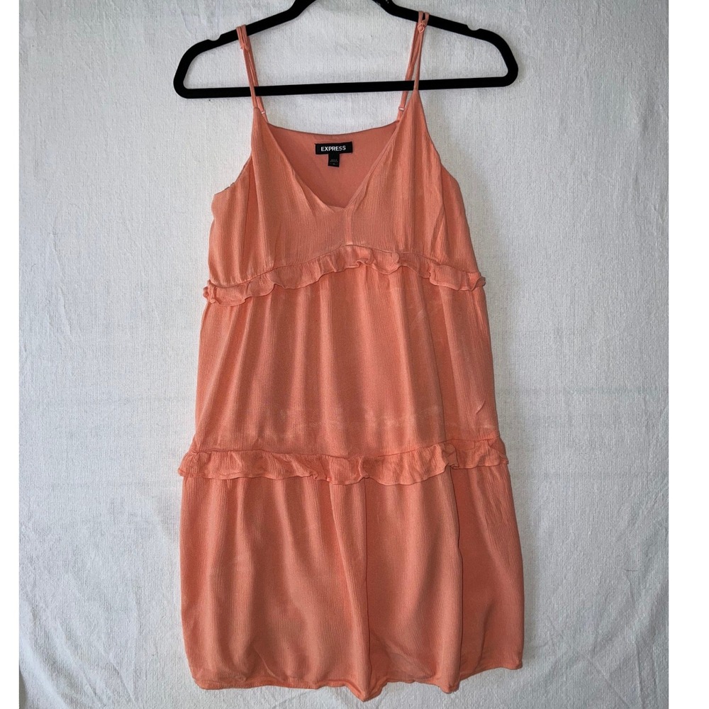 Express Coral Orange Tiered Ruffle Mini Dress V-Neck BOHO Womens M Summer Flowy